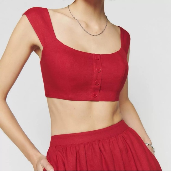 Reformation Teya Linen Two Piece In Cherry, size 2, brand new, never worn. - Picture 6 of 14